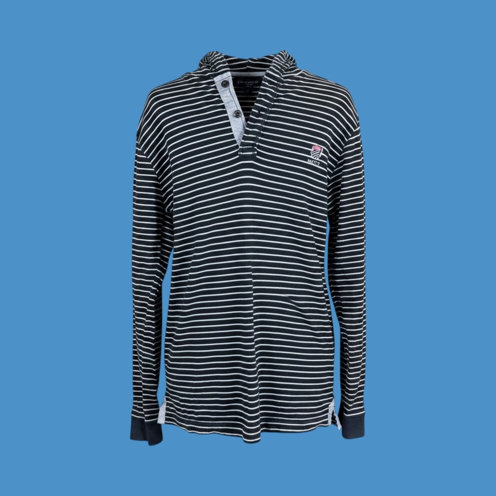 Mufti Jeans‎ Hooded Henley Shirt Black White Striped Long Sleeve Mens Large